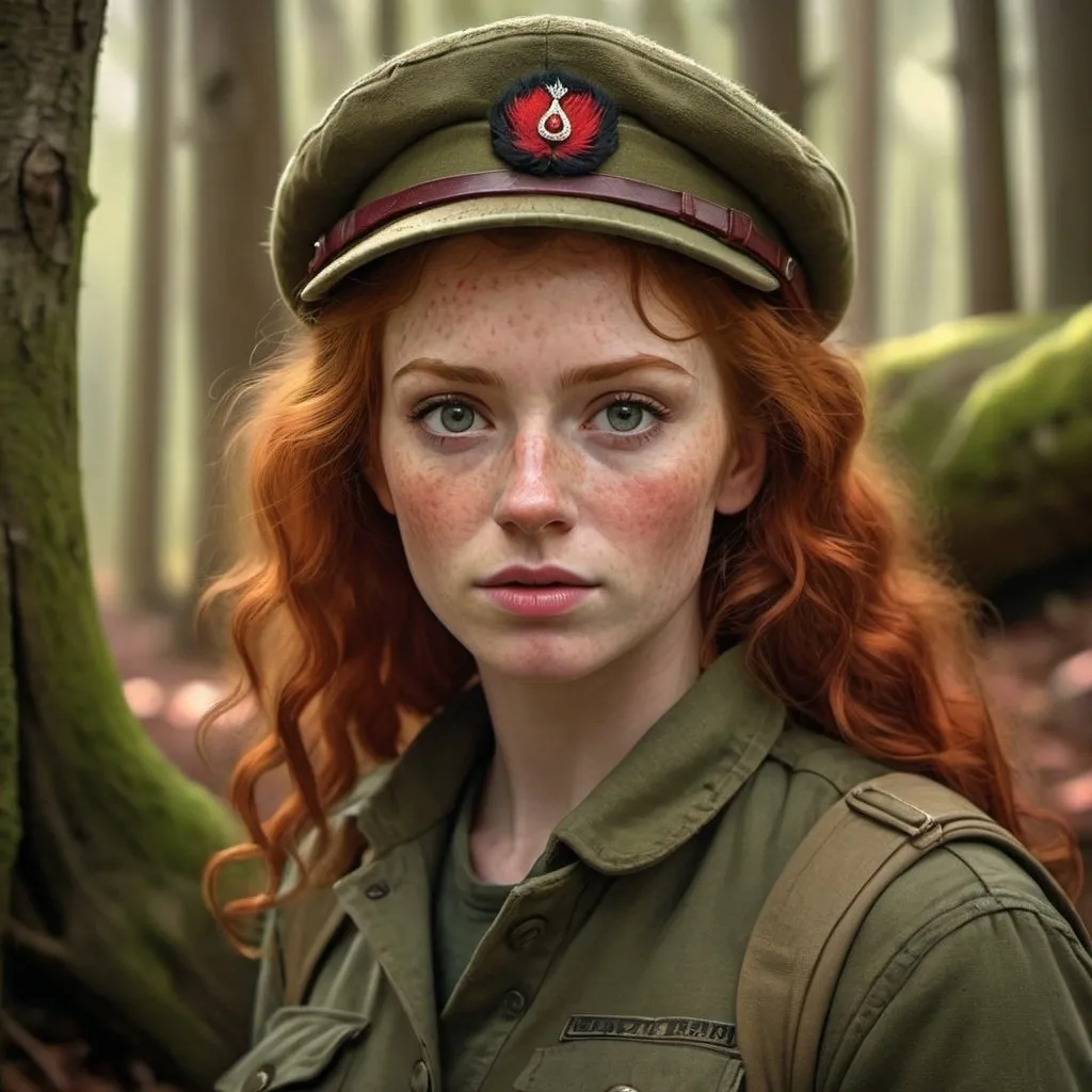 Prompt: Curly redhead in olive drab fatigues, wearing red breret, realistic digital painting, woodland environment, intense gaze, detailed freckles, high quality, realistic, natural lighting, earthy tones, atmospheric