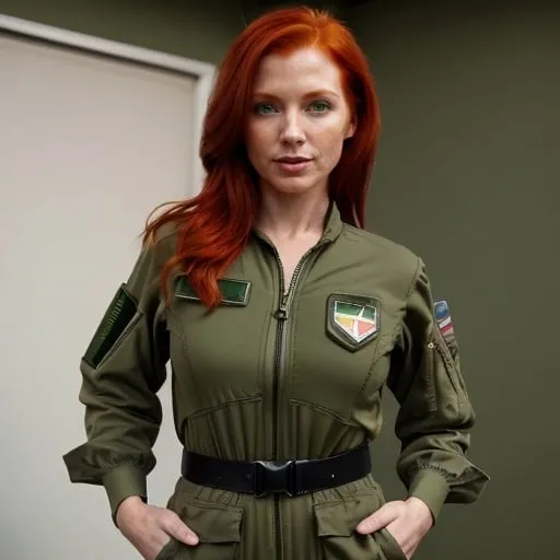 Prompt: Redhead wearing Olive drab flight suit and wearing green beret