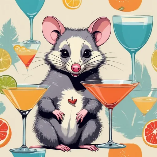 Prompt: Opossums sipping martinis, retro cartoon style, vintage cocktail glasses, playful expressions, detailed fur, fun and whimsical, vibrant colors, mid-century modern aesthetic, high quality, detailed illustration, retro, cartoon, vintage, playful, vibrant colors, mid-century modern, detailed fur, whimsical, cocktails, fun, highres, professional