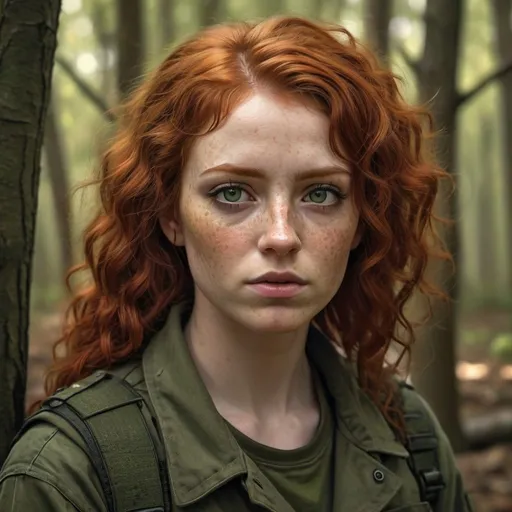 Prompt: Curly goth redhead in olive drab fatigues, realistic digital painting, woodland environment, intense gaze, detailed freckles, high quality, realistic, natural lighting, earthy tones, atmospheric