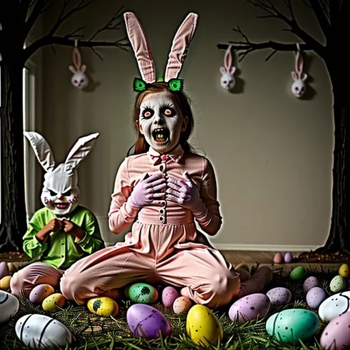 Prompt:  scary easter bunny greeting scared children