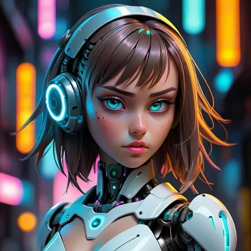 Prompt: Android girl, digital art, futuristic, detailed robotic features, glowing neon accents, sleek metallic design, high quality, cyberpunk, cool tones, atmospheric lighting, anime style