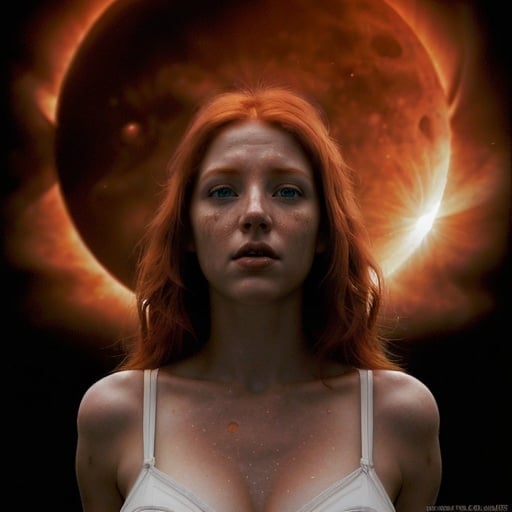 Prompt: Redhead woman in white undergarment, partial solar eclipse behind St. Louis Arch, detailed face with intense expression, realistic oil painting, astronomical event, high quality, dramatic lighting, surreal, red hair, celestial red hues, detailed surroundings, atmospheric, intricate details, eclipse, realistic, scenic, intense gaze, striking composition, professional, atmospheric lighting