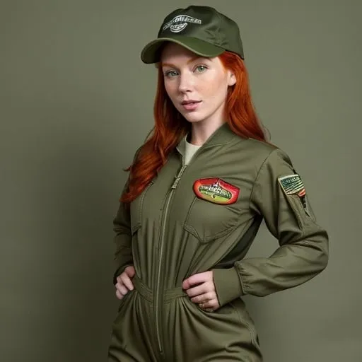 Prompt: Redhead wearing Olive drab flight suit and wearing green ball cap
