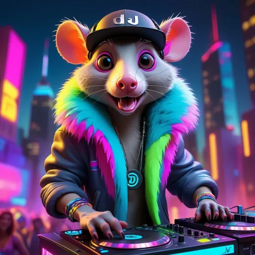 Prompt: High-quality 3D rendering of a DJ possum at a vibrant rave, neon lights, energetic crowd, futuristic city skyline in the background, detailed fur with colorful reflections, expressive and lively gestures, dynamic atmosphere, party vibes, professional lighting, 3D rendering, vibrant colors, futuristic, detailed fur, energetic, neon lights, city skyline, dynamic pose, professional, party vibes