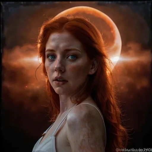 Prompt: Redhead woman in white undergarment, partial solar eclipse behind St. Louis Arch, detailed face with intense expression, realistic oil painting, astronomical event, high quality, dramatic lighting, surreal, red hair, celestial red hues, detailed surroundings, atmospheric, intricate details, eclipse, realistic, scenic, intense gaze, striking composition, professional, atmospheric lighting