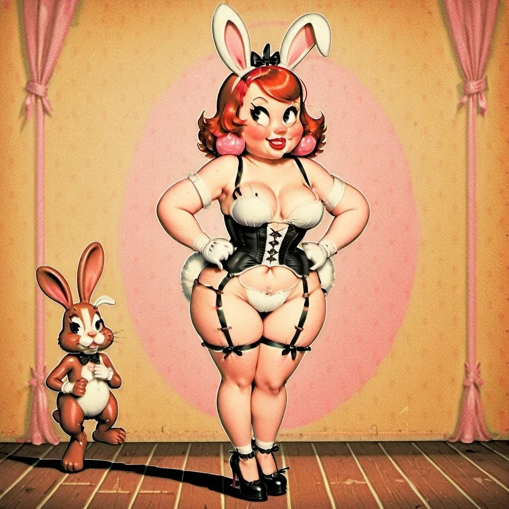 Prompt: Chubby redhead burlesque woman with rabbit ears and white bunny tail, pink corset, vintage pin-up style, soft and warm lighting, high quality, digital art, detailed facial features, playful expression, retro, vintage, burlesque, warm tones, soft lighting, pin-up