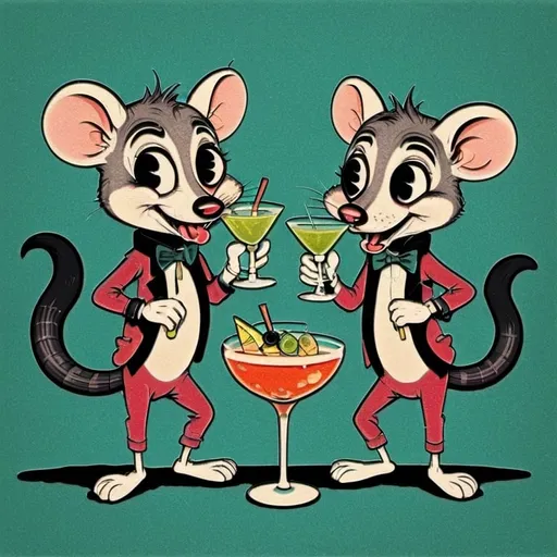 Prompt: Opossums sipping martinis, retro cartoon style, vintage cocktail glasses, playful expressions, detailed fur, fun and whimsical, vibrant colors, mid-century modern aesthetic, high quality, detailed illustration, retro, cartoon, vintage, playful, vibrant colors, mid-century modern, detailed fur, whimsical, cocktails, fun, highres, professional