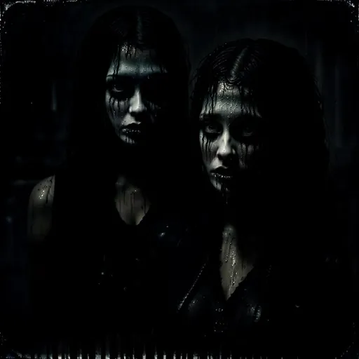 Prompt: Wet and sweaty goth girls, oil painting, dark and moody atmosphere, intense and sultry expressions, high texture, gothic, dramatic lighting, dark tones, intense gaze, atmospheric, high quality, oil painting, goth, moody, dramatic lighting, intense expressions, wet look, sweaty, textured