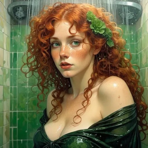 Prompt: goth, buxom Soaking wet curly haired redhead, with freckles and green eyes in a shower