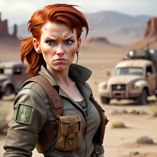 Prompt: Redhead woman wearing PIP Boy, post-apocalyptic setting, dusty desert landscape, rugged leather clothing, intense and determined expression, high quality, realistic, post-apocalyptic, redhead, PIP Boy, dusty, desert landscape, rugged, intense expression, determined, leather clothing, professional, atmospheric lighting