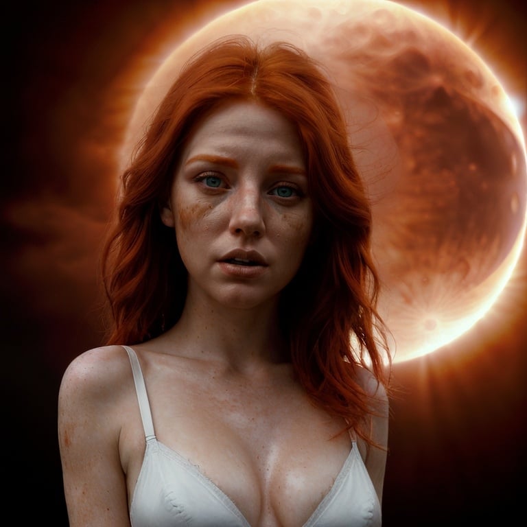 Prompt: Redhead woman in white undergarment, partial solar eclipse behind St. Louis Arch, detailed face with intense expression, realistic oil painting, astronomical event, high quality, dramatic lighting, surreal, red hair, celestial red hues, detailed surroundings, atmospheric, intricate details, eclipse, realistic, scenic, intense gaze, striking composition, professional, atmospheric lighting