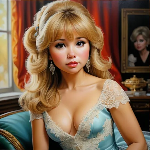 Prompt: Realistic oil painting of Pia Zadora, vibrant and lifelike portrayal, detailed facial features, elegant gown with intricate lace details, classic Hollywood glamour, high quality, realistic, oil painting, classic Hollywood glamour, vibrant colors, detailed lace gown, elegant, lifelike portrayal, detailed facial features, professional lighting