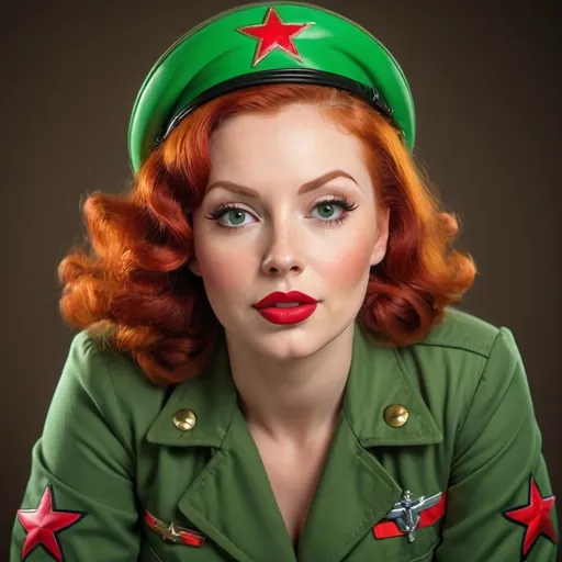 Prompt: Buxom redhead woman in a vibrant green flight suit, retro pin-up style, detailed facial features, glossy material, high quality, pin-up, retro, vibrant colors, detailed hair, vintage, military-inspired, bold red lips, confident expression, professional lighting