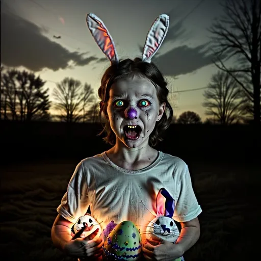 Prompt: scary Easter bunny, frightened children at night with glowing eyes