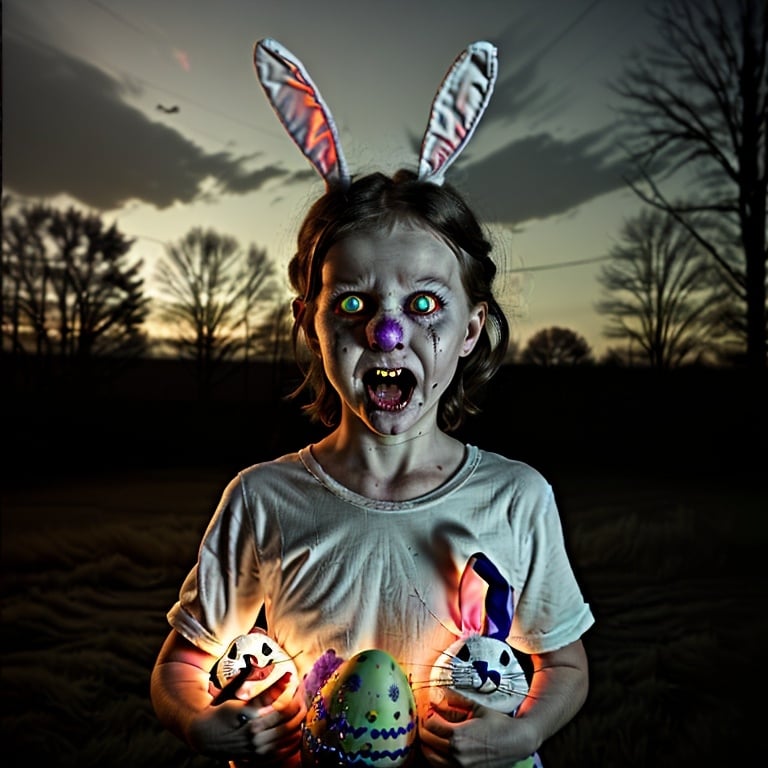 Prompt: scary Easter bunny, frightened children at night with glowing eyes