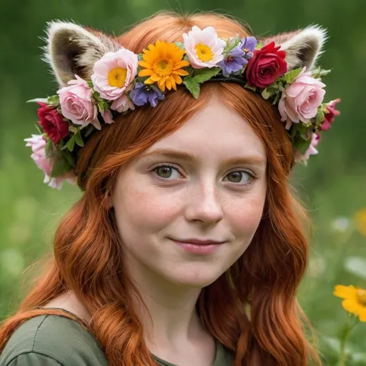 Prompt: red haired Midsomer girl wearing a crown of flowers and racoon hat