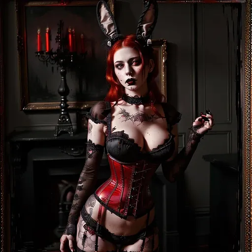 Prompt: Buxom goth girl with bunny ears, fiery red hair, intricate black lace corset, Victorian-inspired, intense gaze, dark lipstick, moody atmosphere, high contrast, detailed eyes, oil painting, gothic, high quality, dramatic lighting, rich color tones