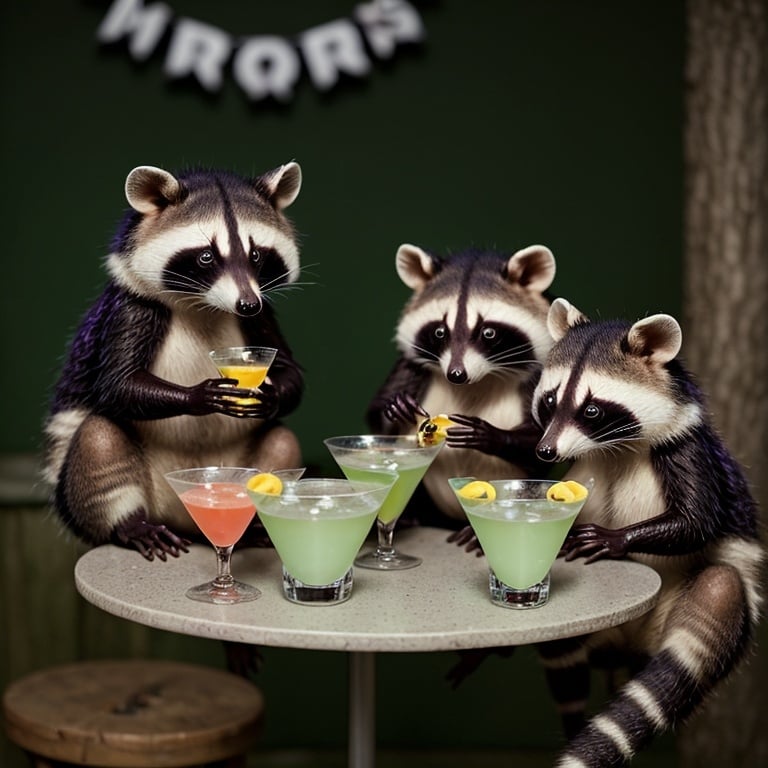 Prompt: Raccoons and possums drinking Martinis