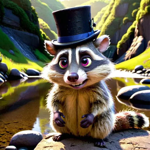 Prompt: GIANT RACOON WEARING TOPHAT AND POSSUM WARING TOPHAT STANDING NEXT TO RIVER 