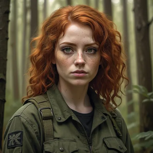 Prompt: Curly goth redhead in olive drab fatigues, realistic digital painting, woodland environment, intense gaze, detailed freckles, high quality, realistic, natural lighting, earthy tones, atmospheric