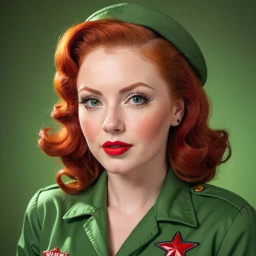 Prompt: Buxom redhead woman in a vibrant green flight suit, retro pin-up style, detailed facial features, glossy material, high quality, pin-up, retro, vibrant colors, detailed hair, vintage, military-inspired, bold red lips, confident expression, professional lighting