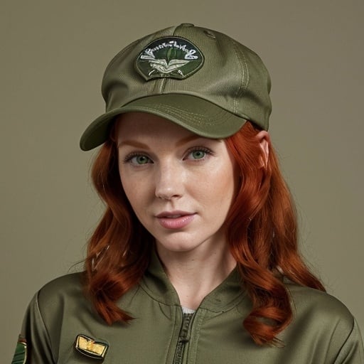 Prompt: Redhead wearing Olive drab flight suit and wearing green ball cap
