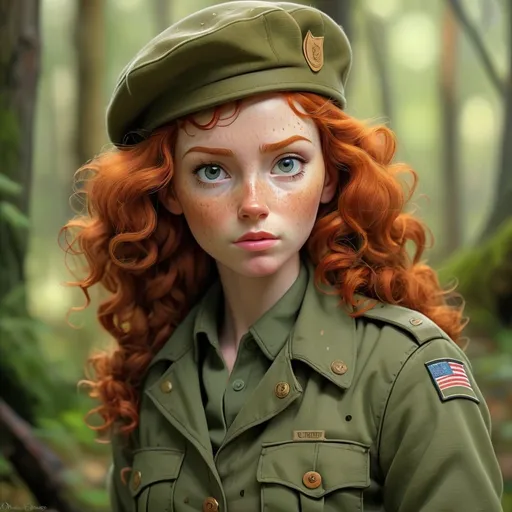 Prompt: Curly redhead in olive drab fatigues, read beret, realistic digital painting, woodland environment, intense gaze, detailed freckles, high quality, realistic, natural lighting, earthy tones, atmospheric