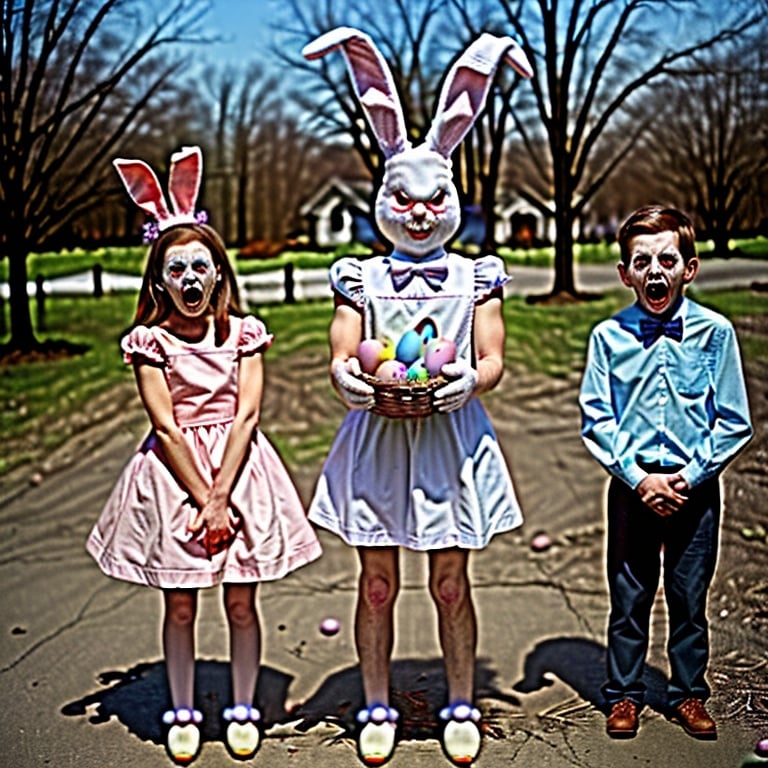 Prompt: scary Easter bunny, frightened children