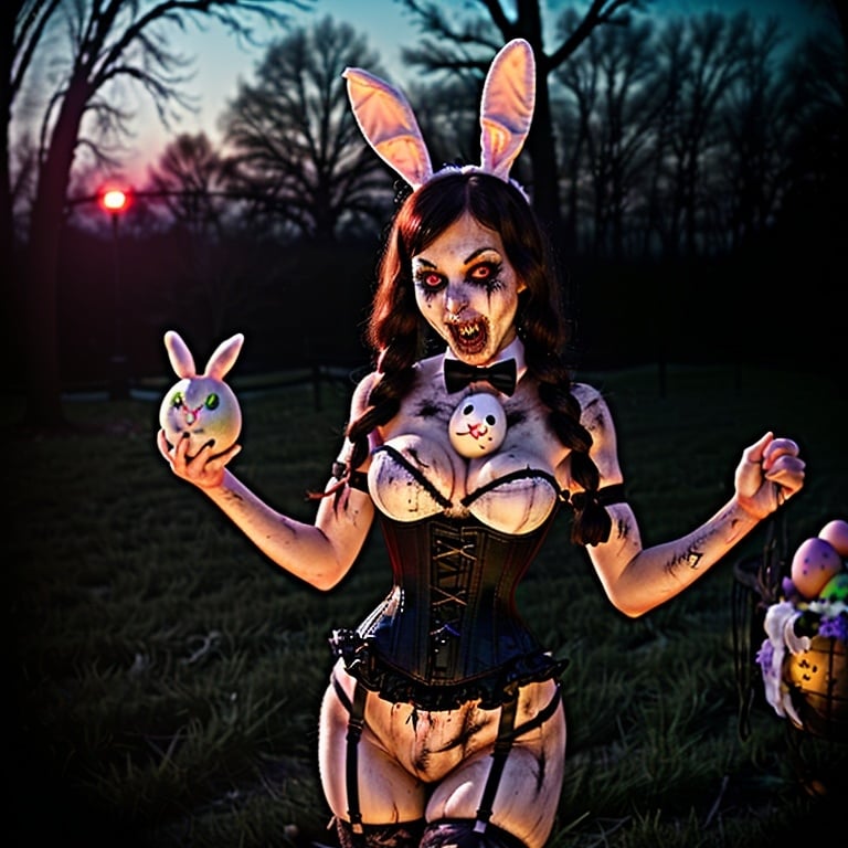 Prompt: scary Easter bunny dressed in a black corset, frightened children at night with glowing eyes eating easter bunny entrails