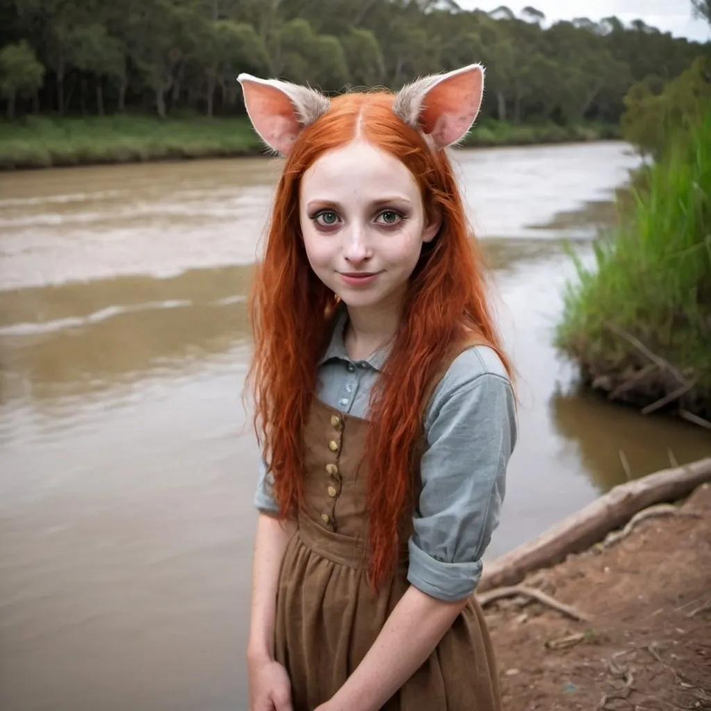 Prompt: redhead possum girl next to river