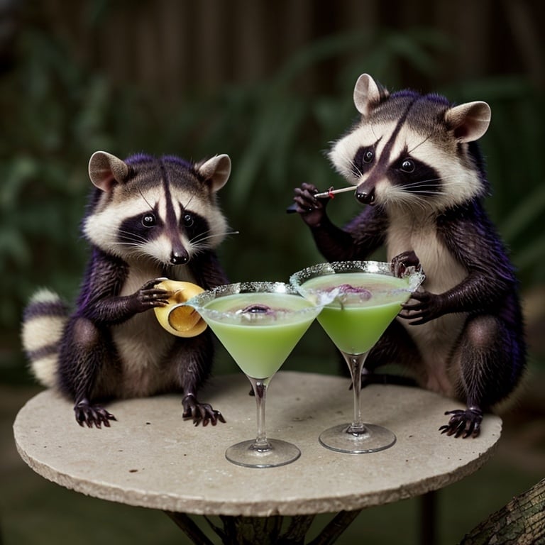 Prompt: Raccoons and opossums drinking Martinis