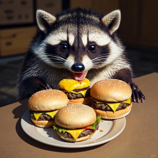 Prompt: Raccoons enjoying cheeseburgers, realistic digital painting, messy eating, close-up of paws and faces, high quality, detailed fur, playful, foodie, vibrant colors, natural lighting