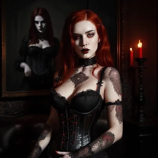 Prompt: Buxom goth girl with fiery red hair, intricate black lace corset, Victorian-inspired, intense gaze, dark lipstick, moody atmosphere, high contrast, detailed eyes, oil painting, gothic, high quality, dramatic lighting, rich color tones