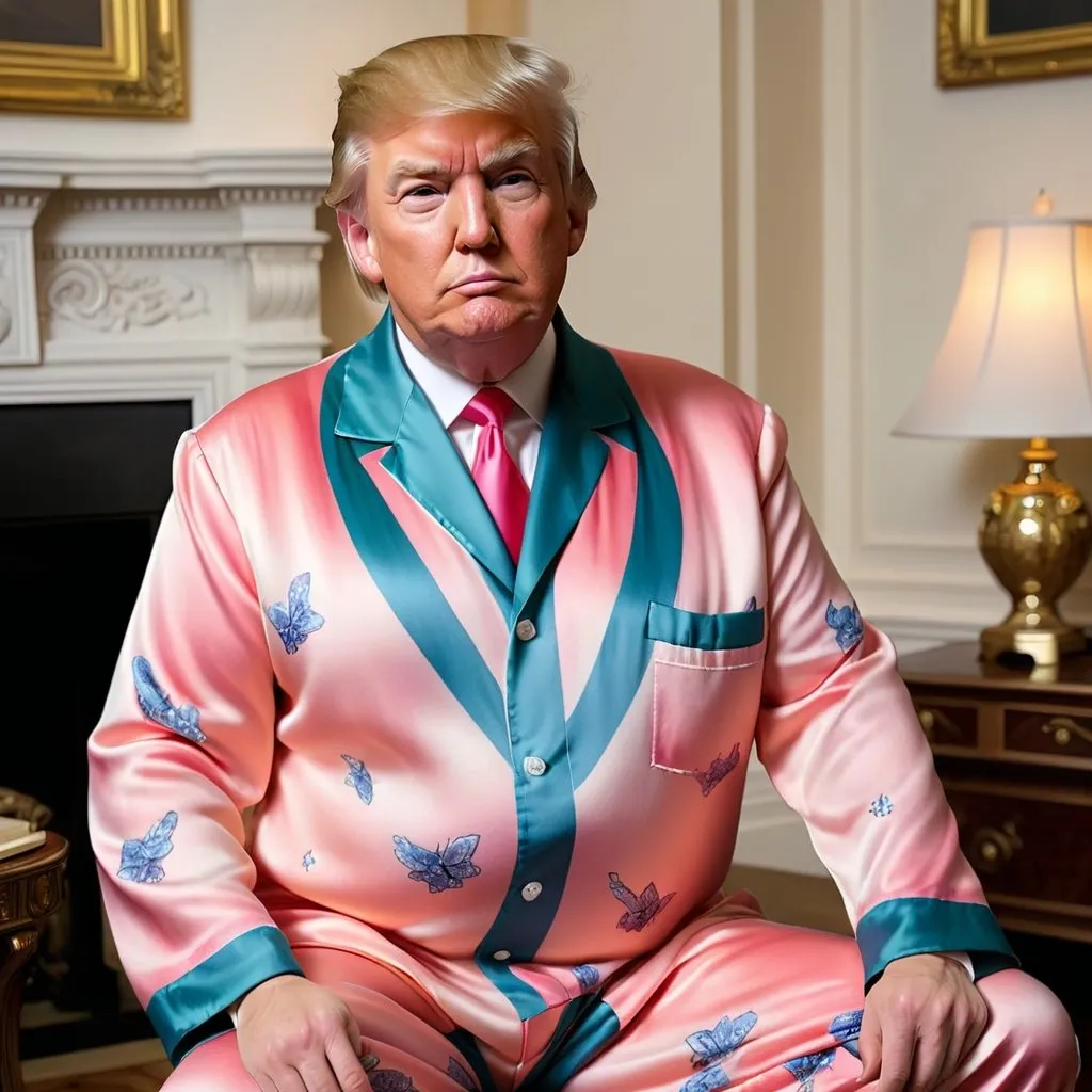 Prompt: Donald Trump wearing silk pajamas