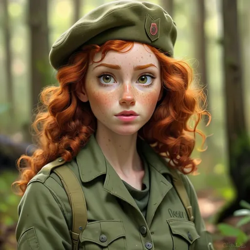 Prompt: Curly redhead in olive drab fatigues, read beret, realistic digital painting, woodland environment, intense gaze, detailed freckles, high quality, realistic, natural lighting, earthy tones, atmospheric