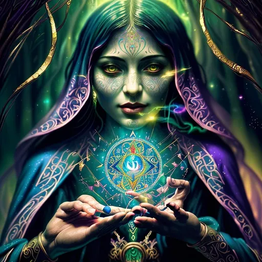 Prompt:  
Tarot card illustration of mystical fortune telling, vibrant colors, intricate details, magical realism, high quality, digital painting, mythical creatures, enchanting atmosphere, ethereal lighting, rich symbolism, surreal fantasy, mystical, vibrant colors, detailed artwork