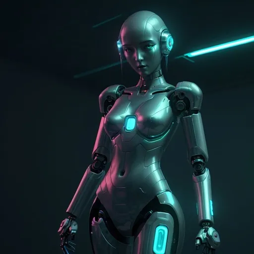 Prompt: Android girl, digital art, futuristic, detailed robotic features, glowing neon accents, sleek metallic design, high quality, cyberpunk, cool tones, atmospheric lighting, anime style