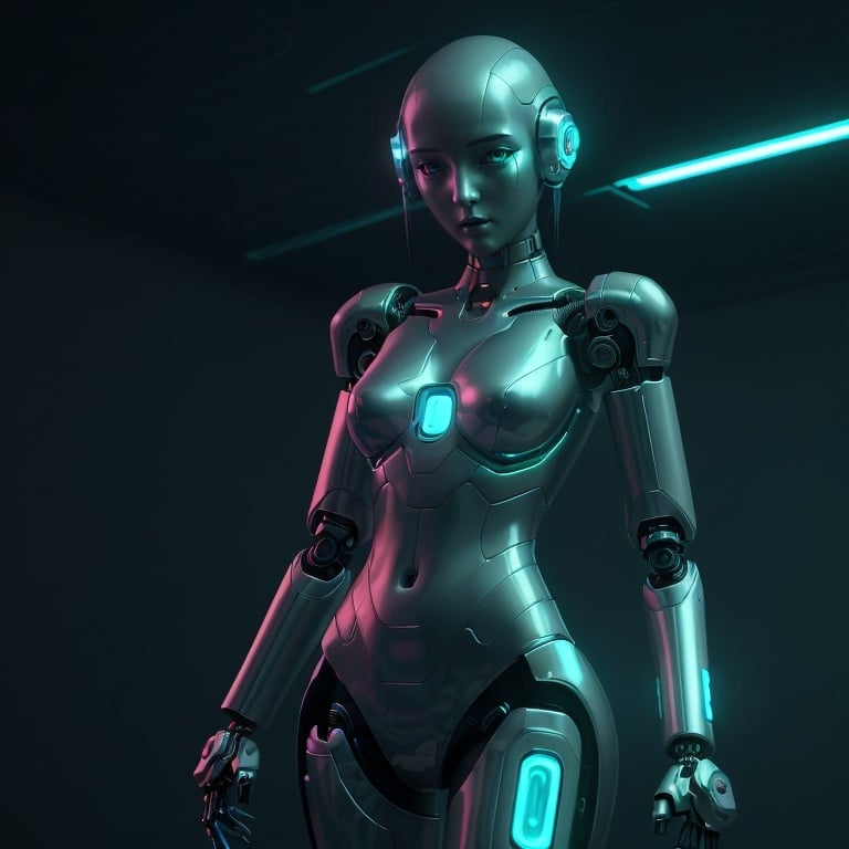 Prompt: Android girl, digital art, futuristic, detailed robotic features, glowing neon accents, sleek metallic design, high quality, cyberpunk, cool tones, atmospheric lighting, anime style