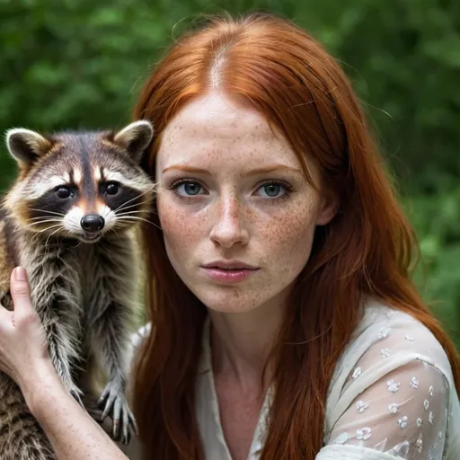 Prompt: racoon woman redhead freckles