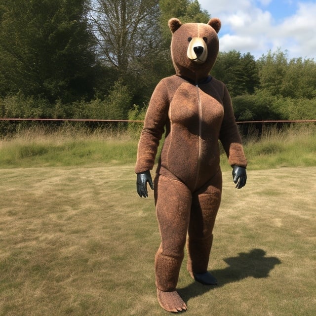 Prompt: Midsomer bear skin suit female