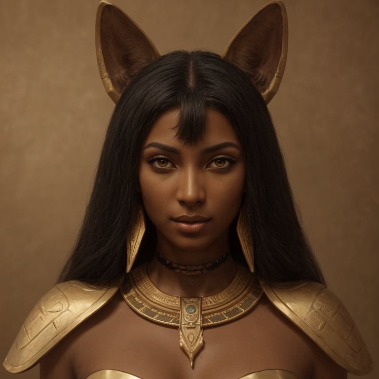 Prompt: Black-skinned woman with Bastet head, Egyptian goddess-inspired, detailed facial features, gold and black color tones, ancient Egyptian jewelry, regal and powerful posture, high quality, digital painting, majestic, mysterious lighting