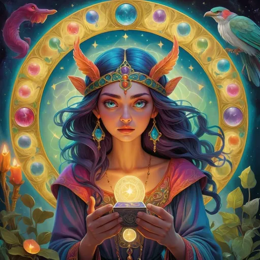 Prompt: Tarot card illustration of mystical fortune telling, vibrant colors, intricate details, magical realism, high quality, digital painting, mythical creatures, enchanting atmosphere, ethereal lighting, rich symbolism, surreal fantasy, mystical, vibrant colors, detailed artwork