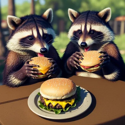 Prompt: Raccoons enjoying cheeseburgers, realistic digital painting, messy eating, close-up of paws and faces, high quality, detailed fur, playful, foodie, vibrant colors, natural lighting