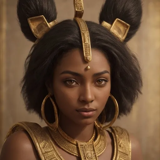 Prompt: Black-skinned woman with Bastet headpiece, ancient Egyptian aesthetic, gold and ebony materials, regal and confident expression, detailed facial features, high quality, realistic rendering, ancient Egypt, Bastet goddess, gold and ebony, regal expression, detailed features, realistic, confident, majestic lighting