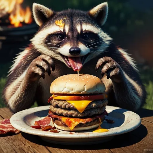 Prompt: Raccoons enjoying bacon cheeseburgers, realistic digital painting, messy eating, close-up of paws and faces, high quality, detailed fur, playful, foodie, vibrant colors, natural lighting, fire in background