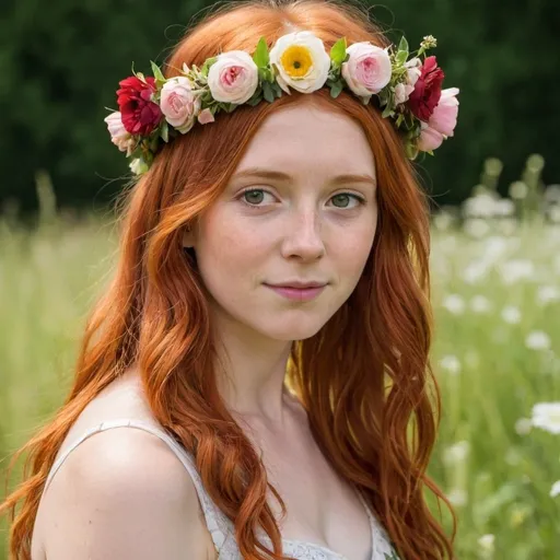 Prompt: red haired Midsomer girl wearing a crown of flowers