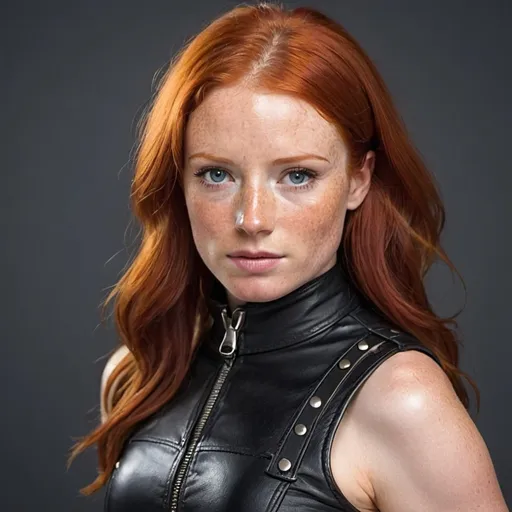 Prompt: AMAZON REDHEAD WITH FRECKLES WEARING LEATHER