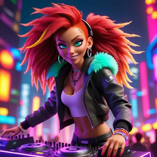 Prompt: High-quality 3D rendering of a DJ red headed girl at a vibrant rave, neon lights, energetic crowd, futuristic city skyline in the background, detailed fur with colorful reflections, expressive and lively gestures, dynamic atmosphere, party vibes, professional lighting, 3D rendering, vibrant colors, futuristic, detailed fur, energetic, neon lights, city skyline, dynamic pose, professional, party vibes