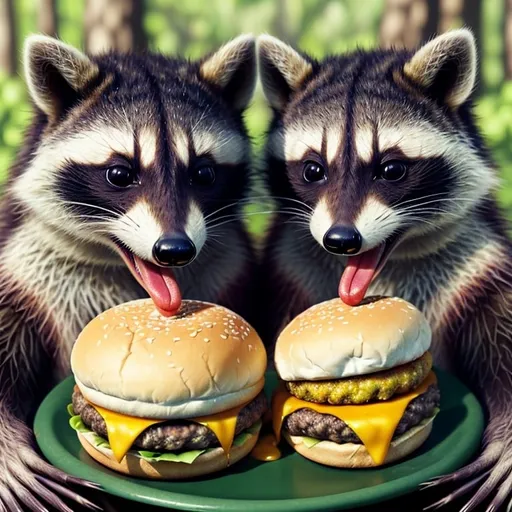 Prompt: Raccoons enjoying cheeseburgers, realistic digital painting, messy eating, close-up of paws and faces, high quality, detailed fur, playful, foodie, vibrant colors, natural lighting